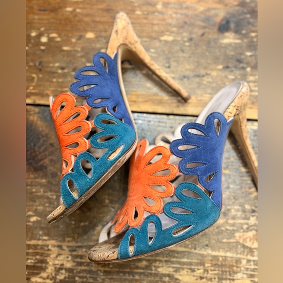 Oscar de la Renta Suede Cork Orange Blue Teal Cutout Heels